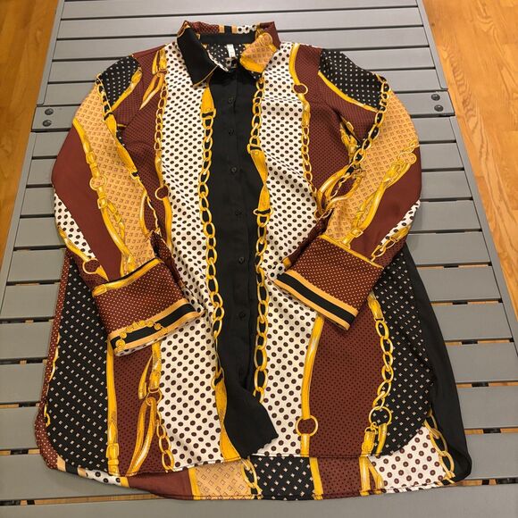 Zara TRF Mini Shirt Dress Womens L Multi Chain Print Satin Long Sleeve Button-Up - Picture 2 of 7